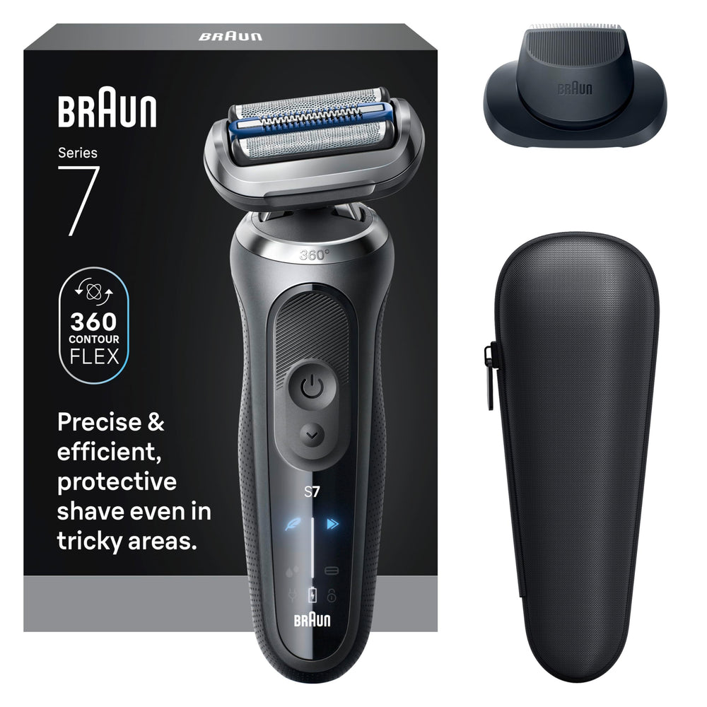 Braun Series 7 7120s front view showing ergonomic design and fast close shave benefit