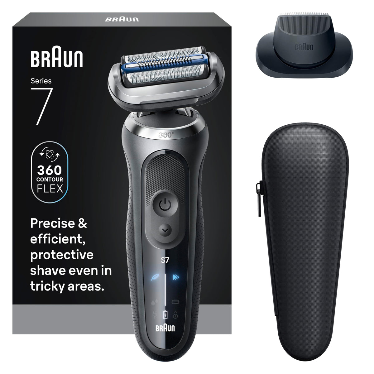 Braun Series 7 7120s front view showing ergonomic design and fast close shave benefit