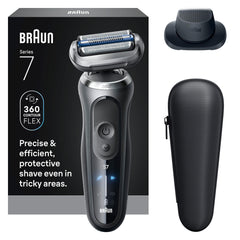 Braun Series 7 7120s front view showing ergonomic design and fast close shave benefit