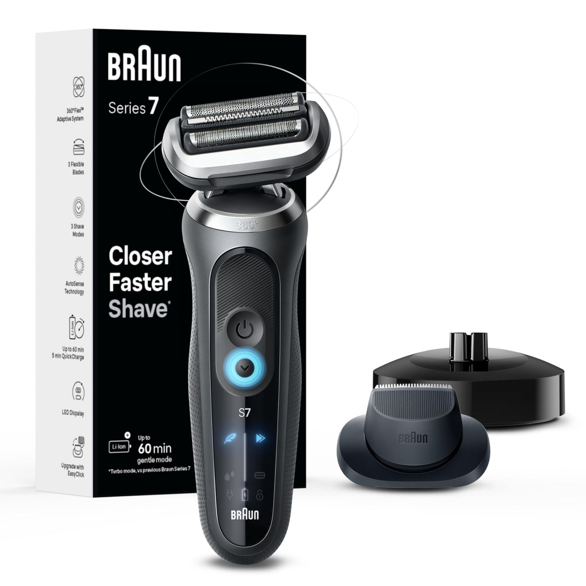 Braun Series 7 front view showing sleek space grey body and controls for easy handling