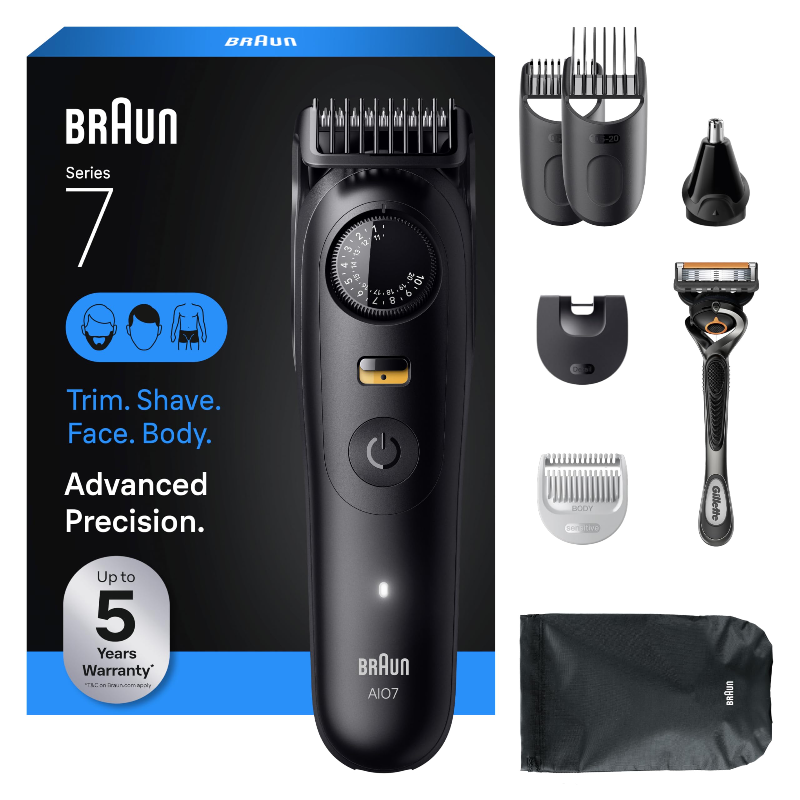 Braun Series 7 front view of complete kit, shows versatile grooming tools and convenience
