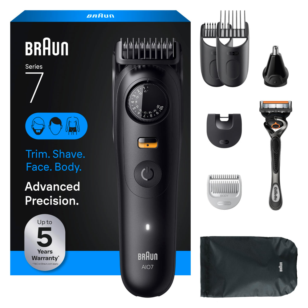 Braun Series 7 front view of complete kit, shows versatile grooming tools and convenience