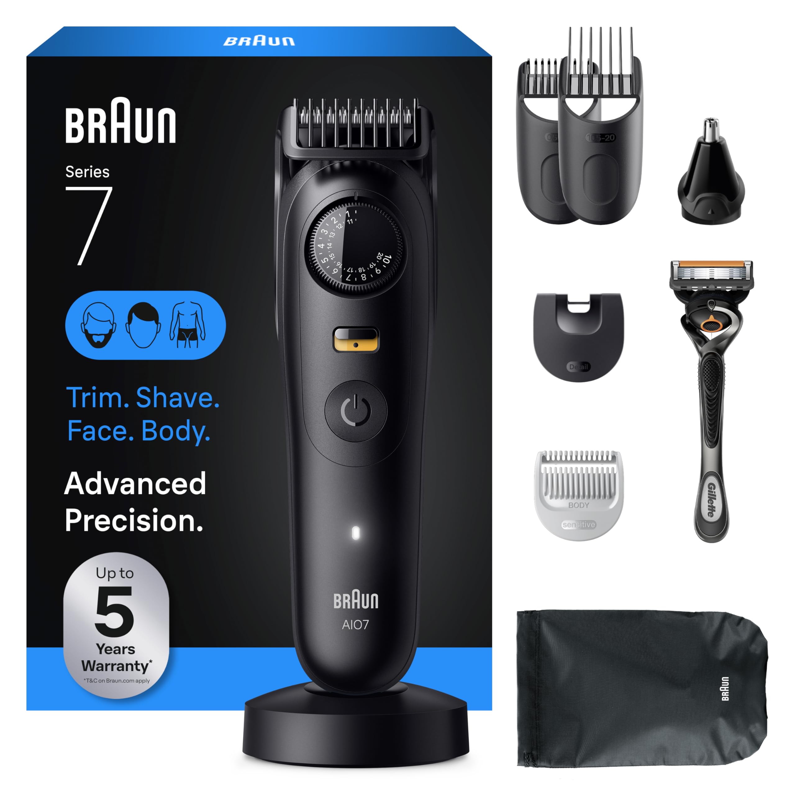 Braun Series 7 front kit view showing all attachments for versatile grooming
