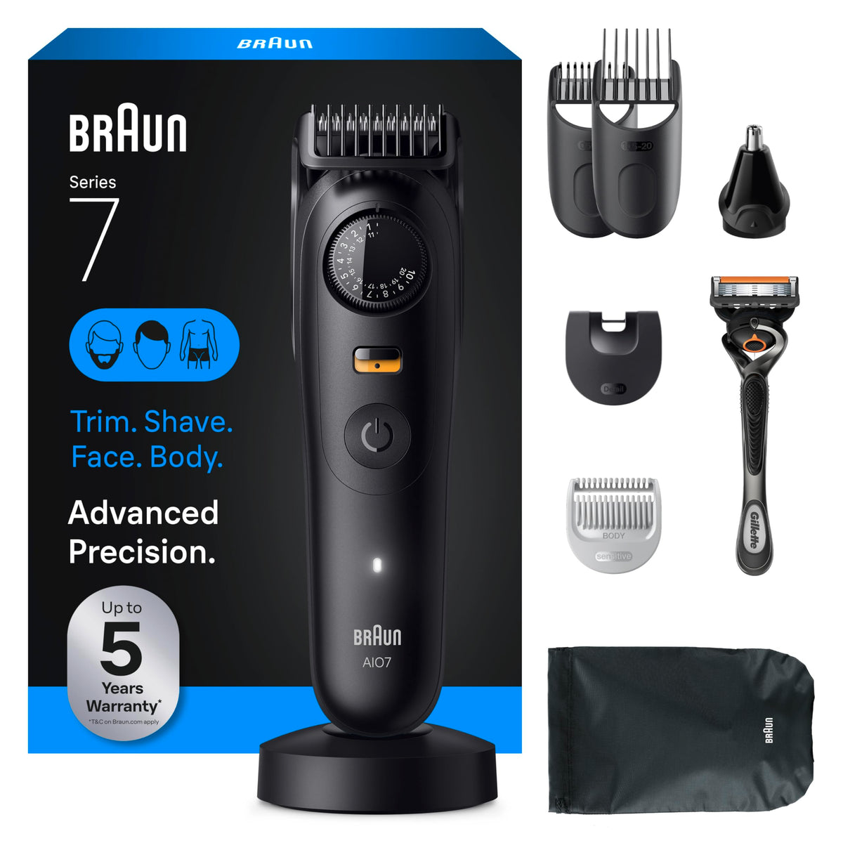 Braun Series 7 front kit view showing all attachments for versatile grooming