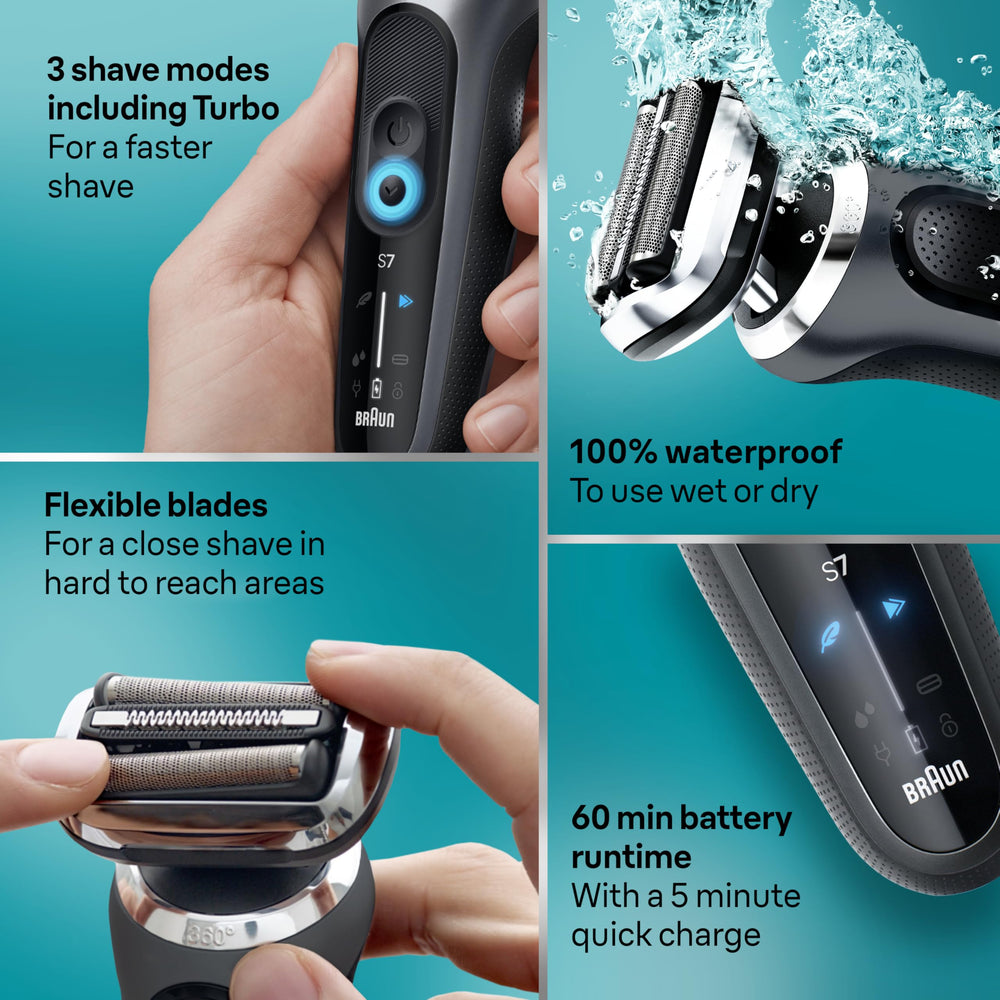 Braun Series 7 head close-up highlighting contouring to reduce missed hairs