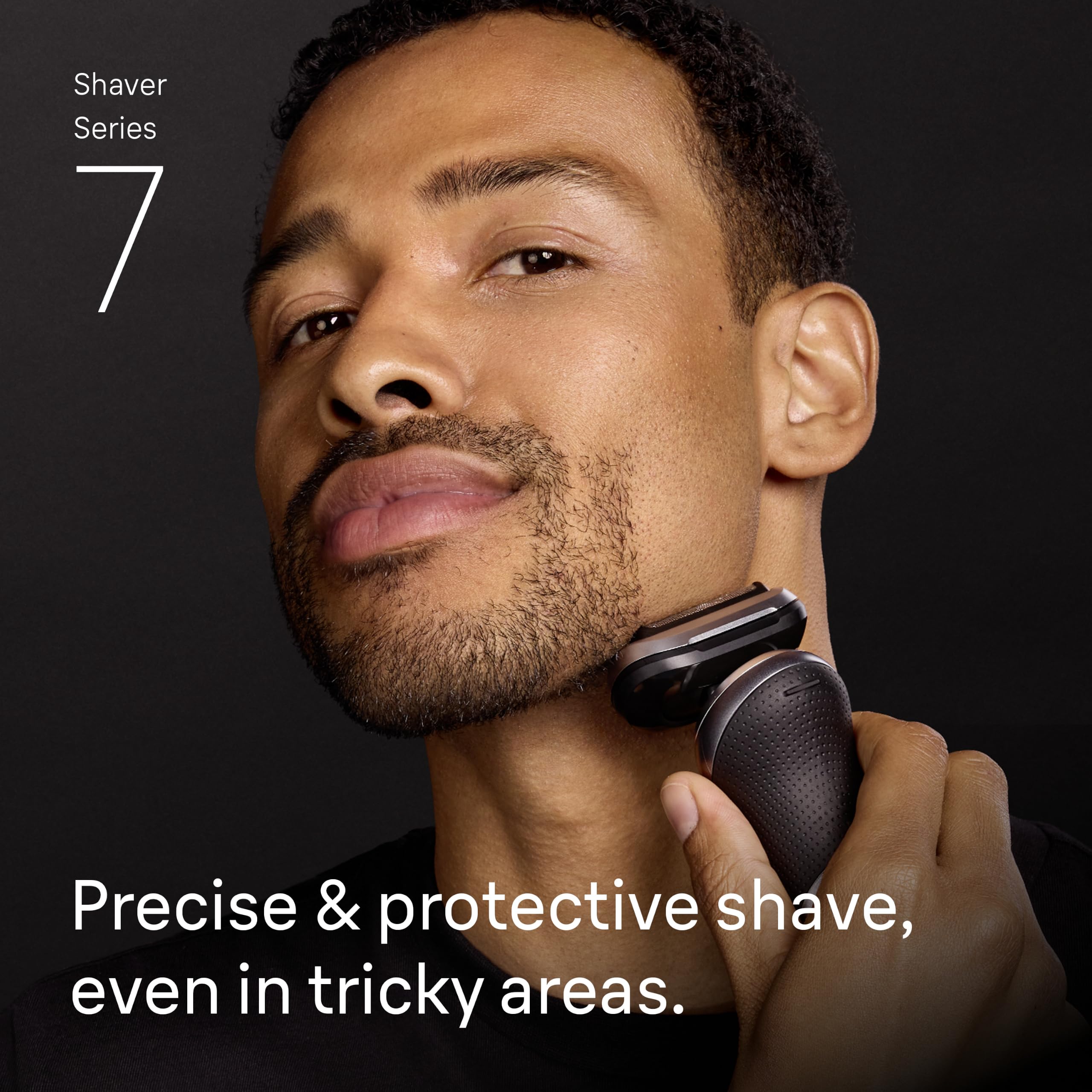 Braun Series 7 shaver in use on jawline illustrating contour adaptation and gentle glide