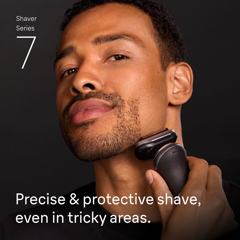 Braun Series 7 shaver in use on jawline illustrating contour adaptation and gentle glide