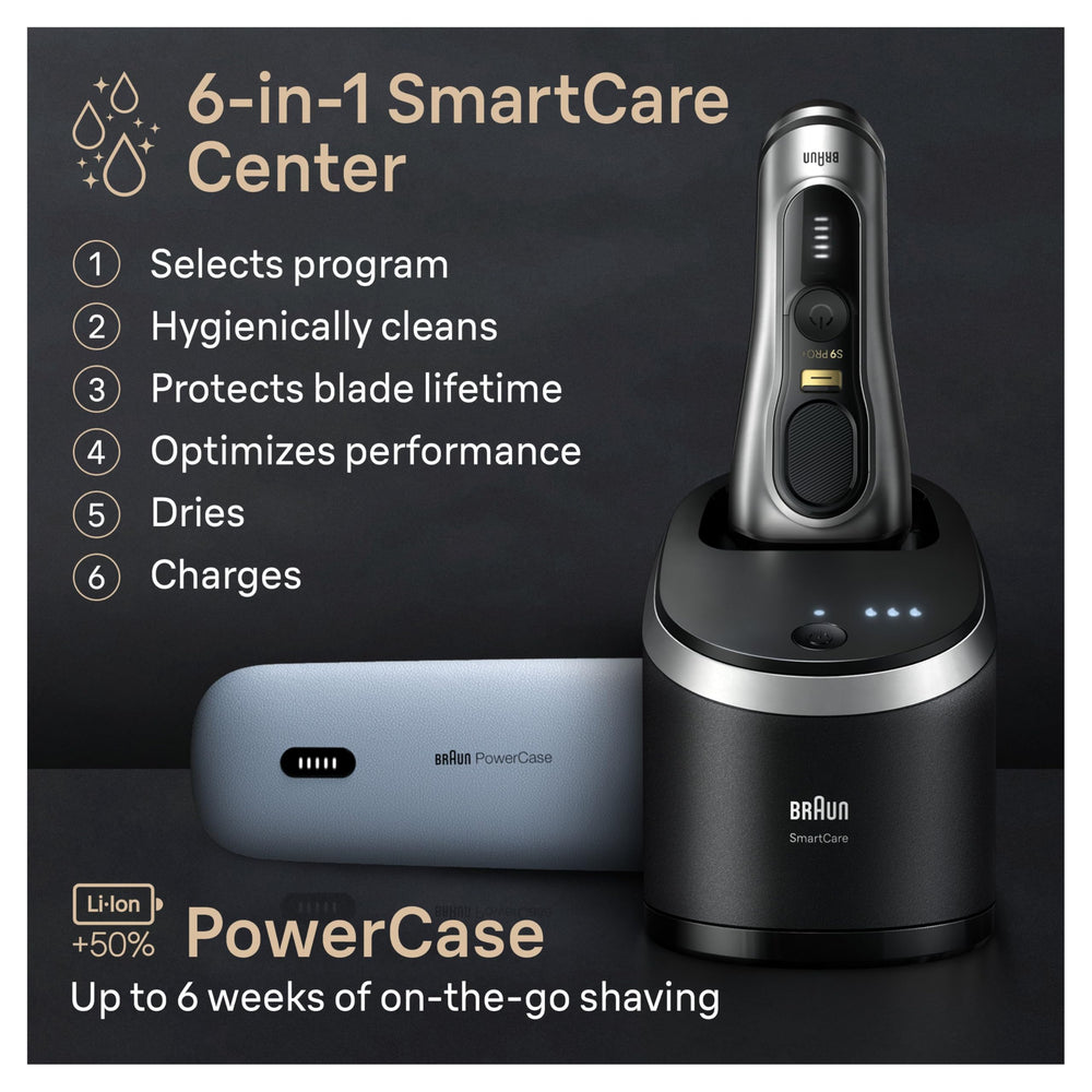 Braun Series 9 PRO+ PowerCase open beside shaver offering portable charging convenience