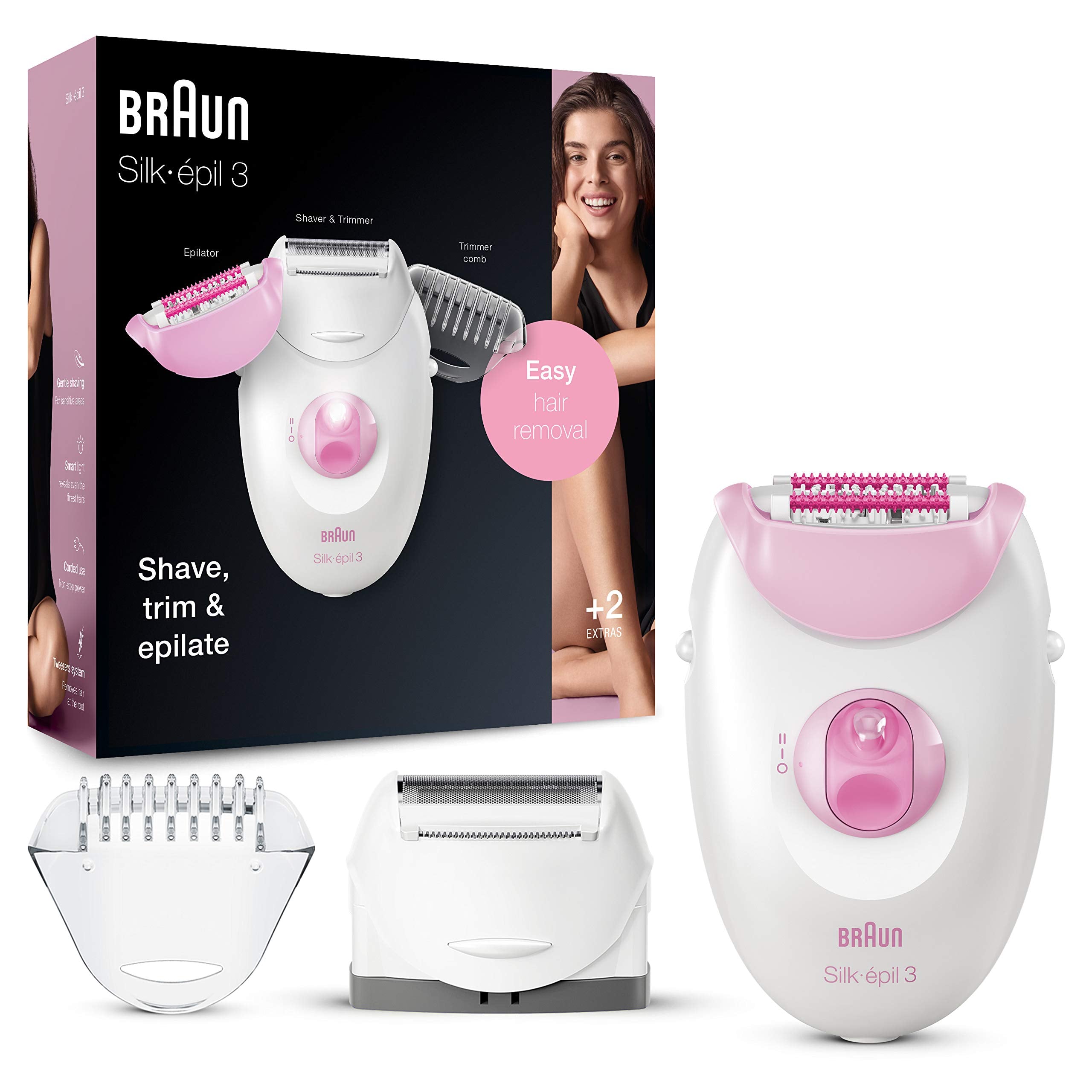 Braun Silk-épil 3 front view showing compact epilator and ergonomic grip for control