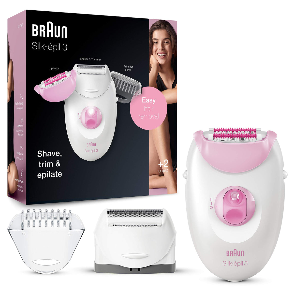 Braun Silk-épil 3 front view showing compact epilator and ergonomic grip for control