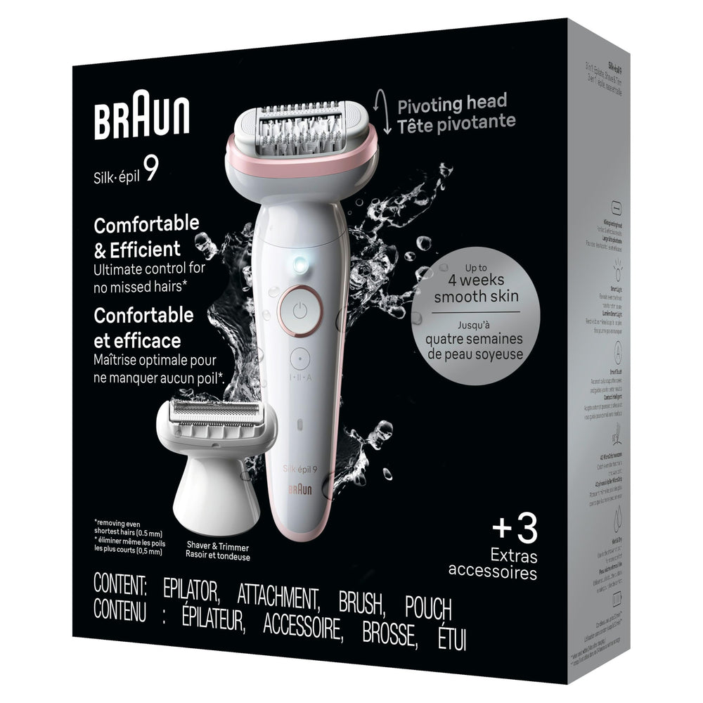 Braun Silk-épil 9 accessories laid out showing complete kit convenience