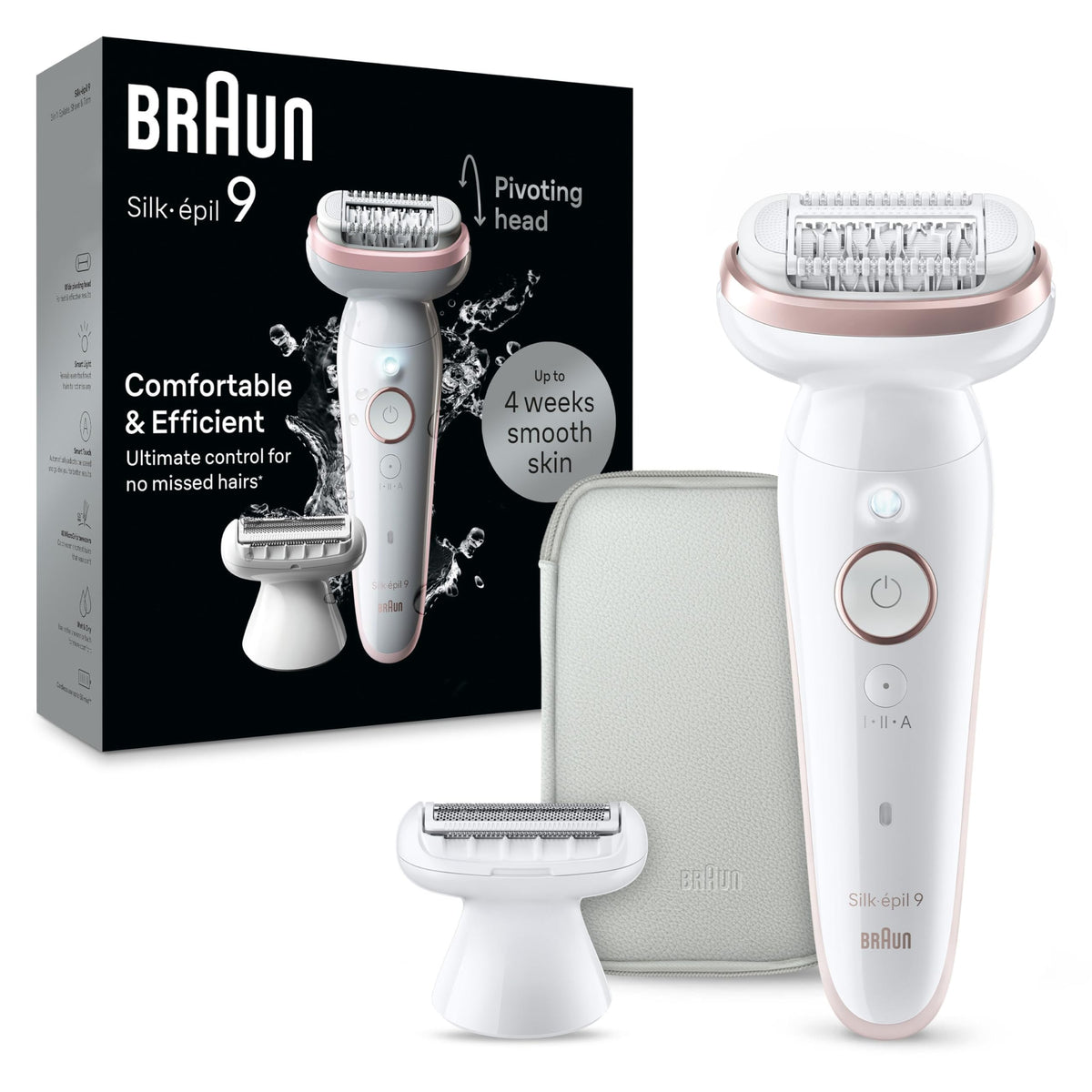 Braun Silk-épil 9 front view showing ergonomic handle and wide head for comfortable grip