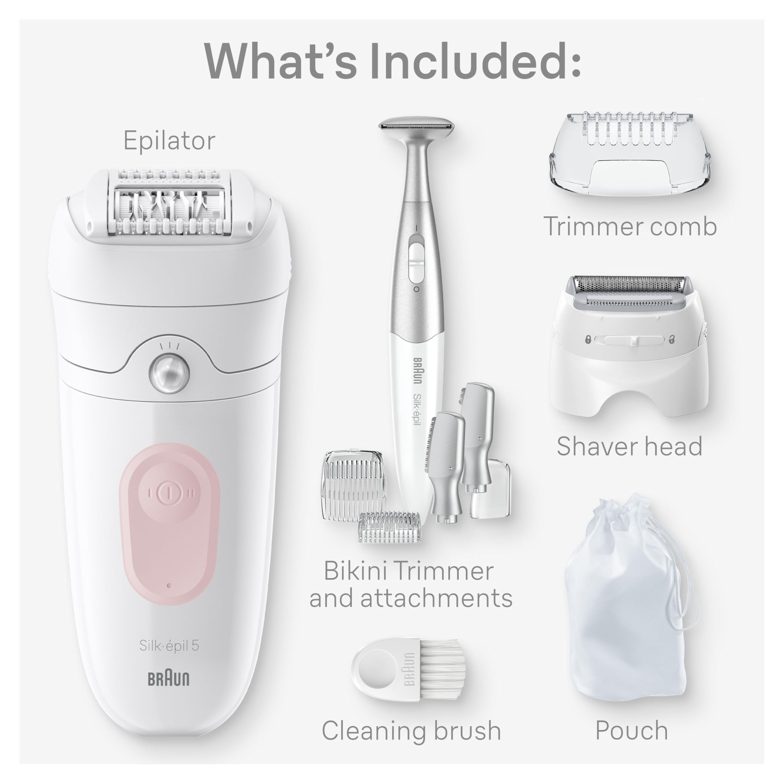 Braun Silk-épil 5 accessories spreaded showing included trimmer, shaver, and brush for versatility