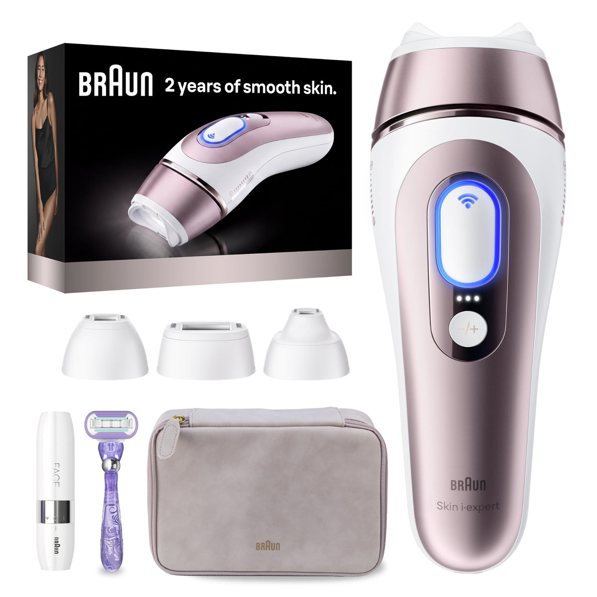 Braun Skin i‑Expert front view showing sleek device and ergonomic handle for comfortable treatments