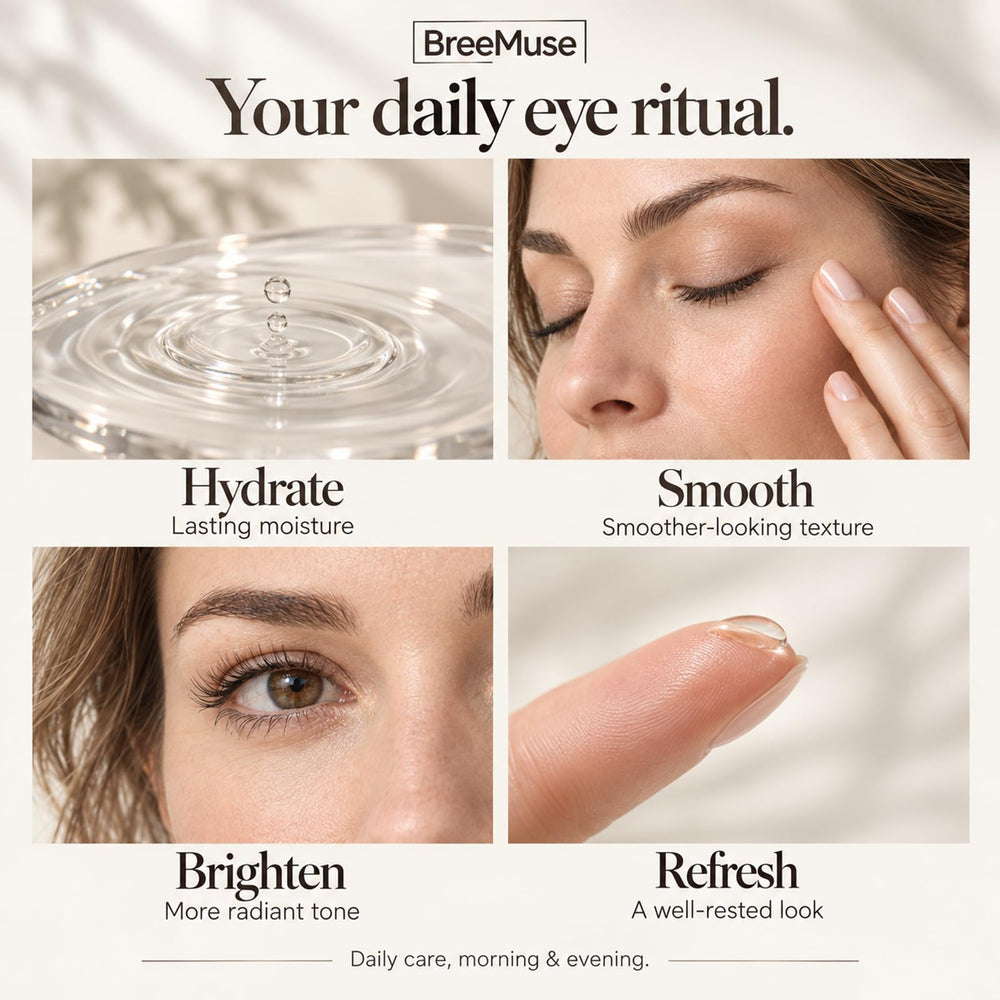 BreeMuse application on model under-eye showing gentle patting technique and refreshed look