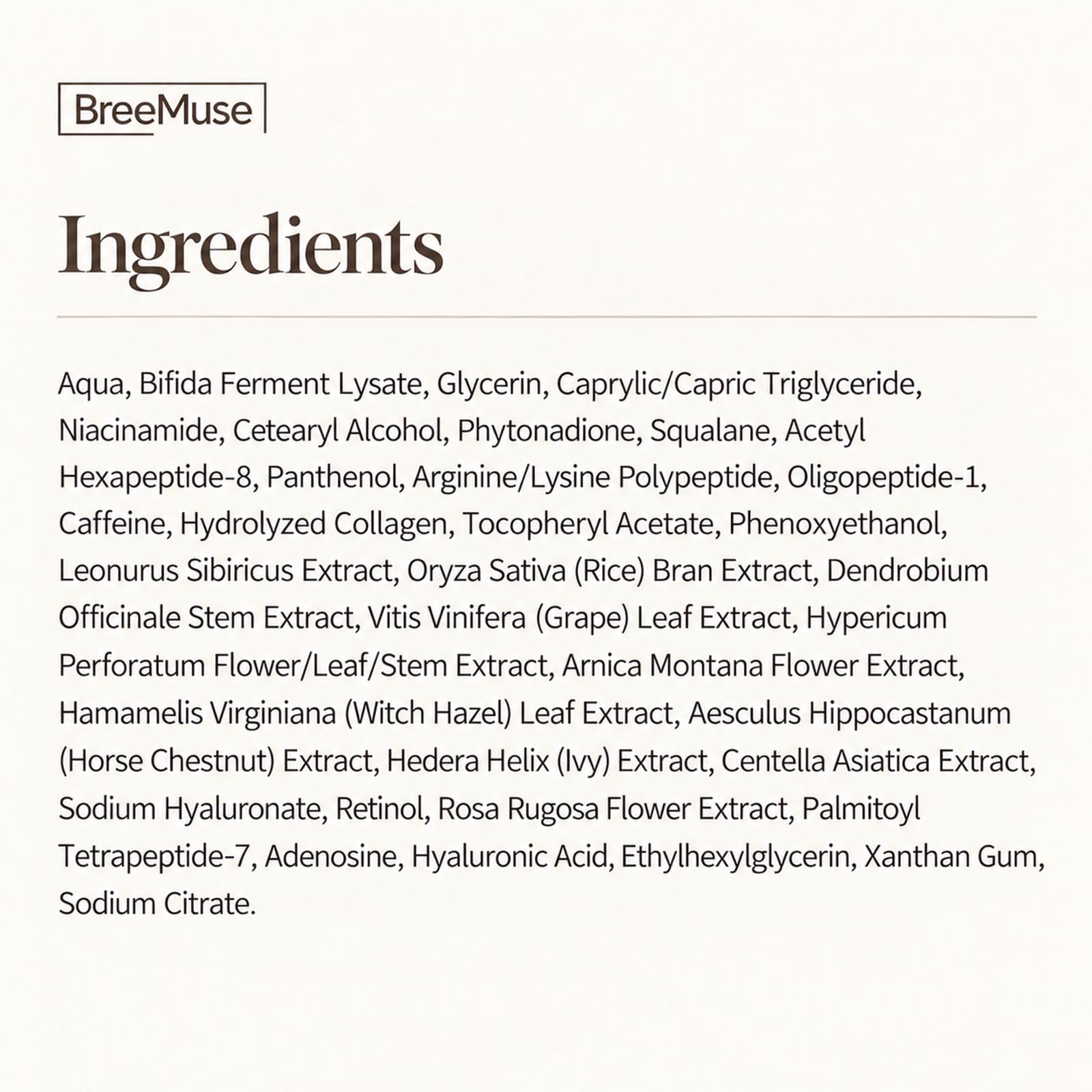 BreeMuse label close-up with ingredient highlights and usage directions visible