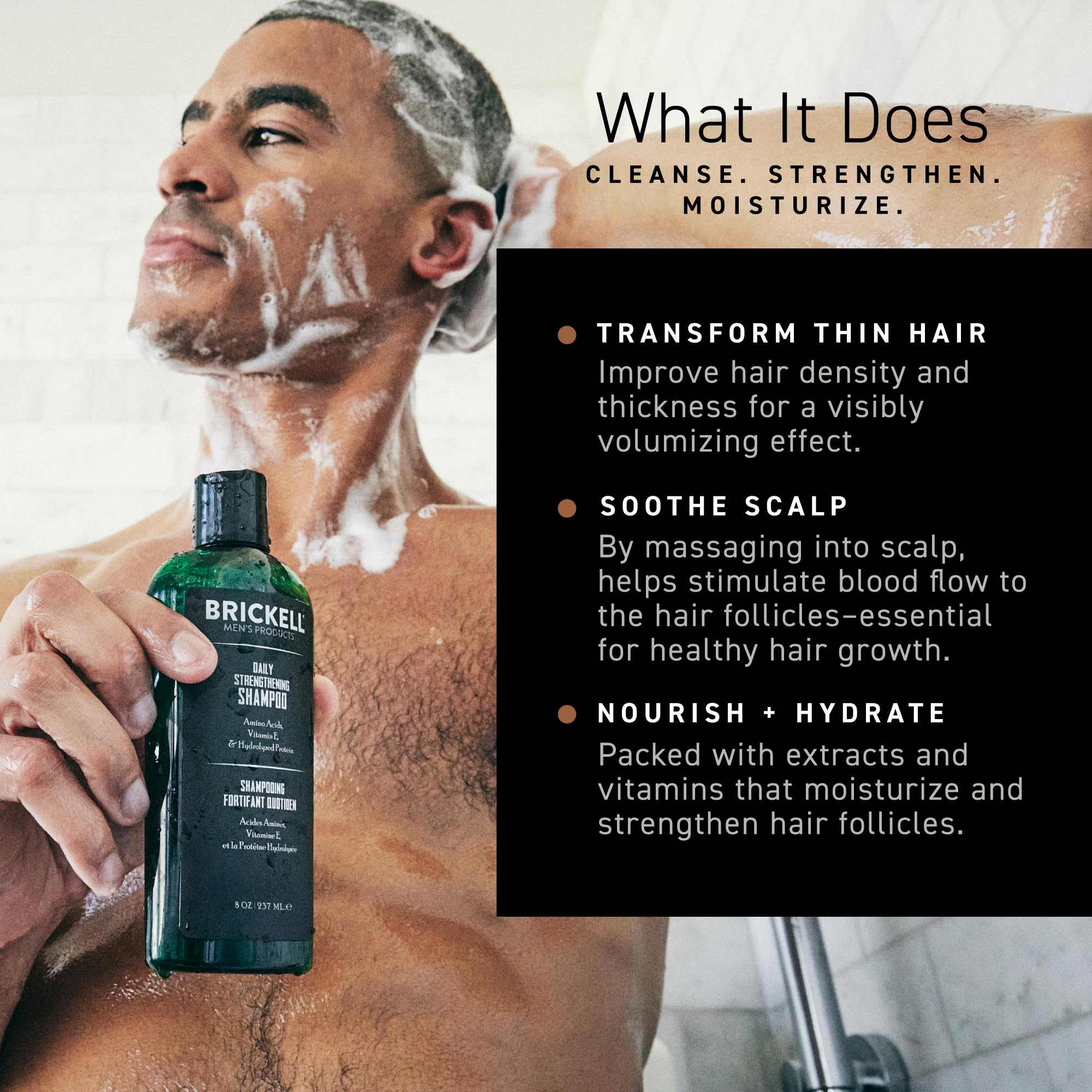 Brickell Men’s bottle label with ingredients list visible, highlighting natural actives