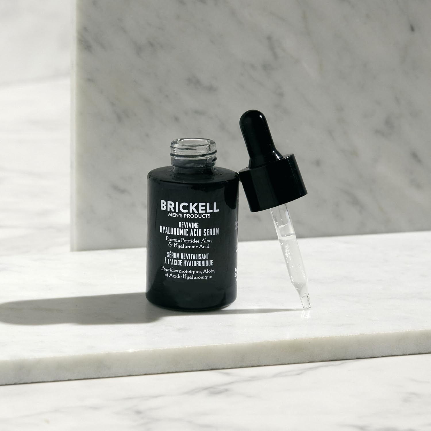 Brickell close-up of dropper and serum texture highlighting lightweight hydration