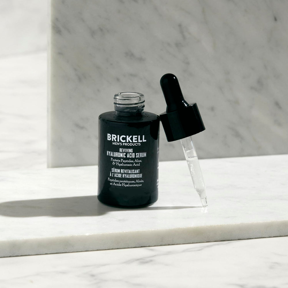 Brickell close-up of dropper and serum texture highlighting lightweight hydration