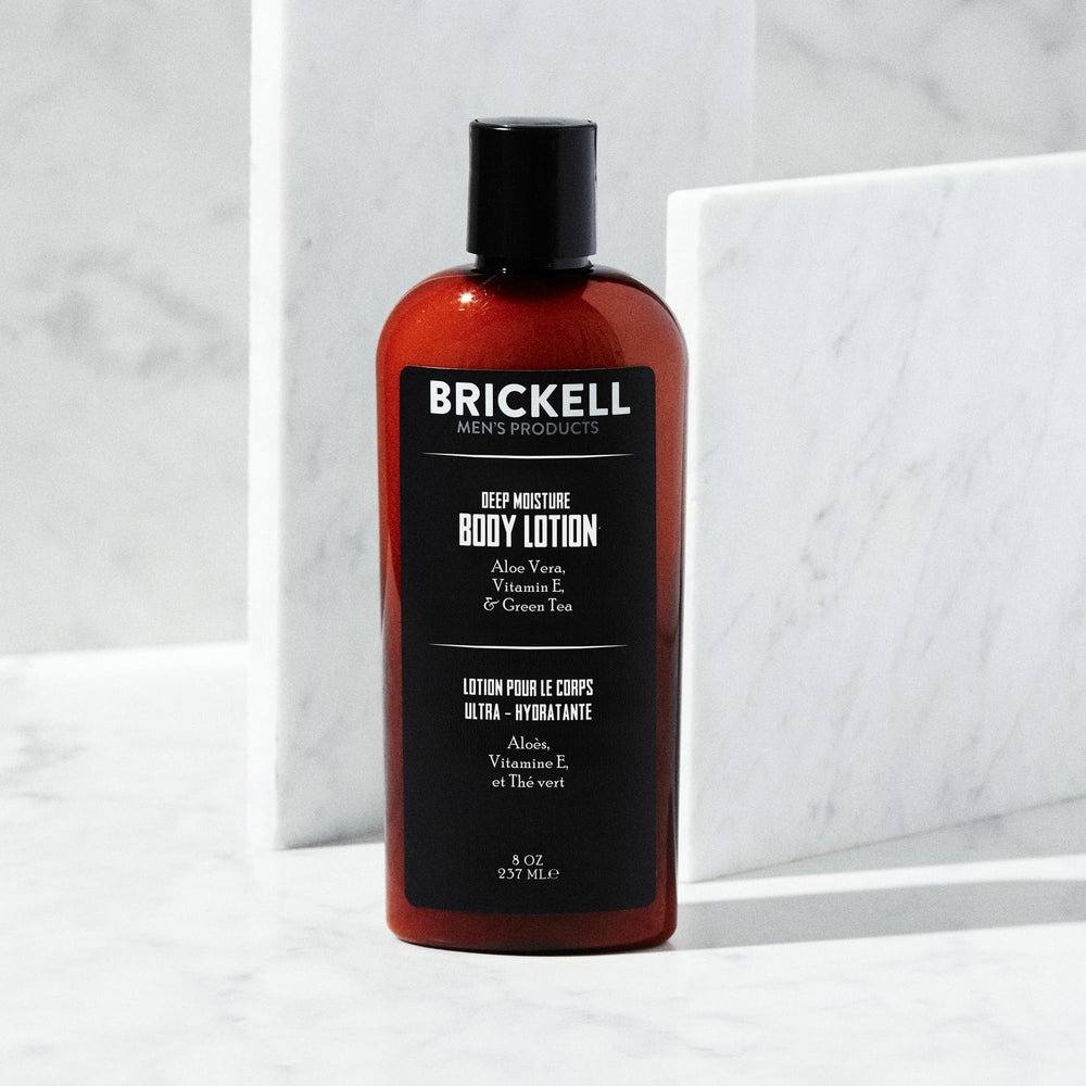 Brickell close-up of lotion texture demonstrating smooth, fast-absorbing hydration
