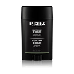 Brickell Men's Products front view of deodorant stick showing eucalyptus mint scent and compact size