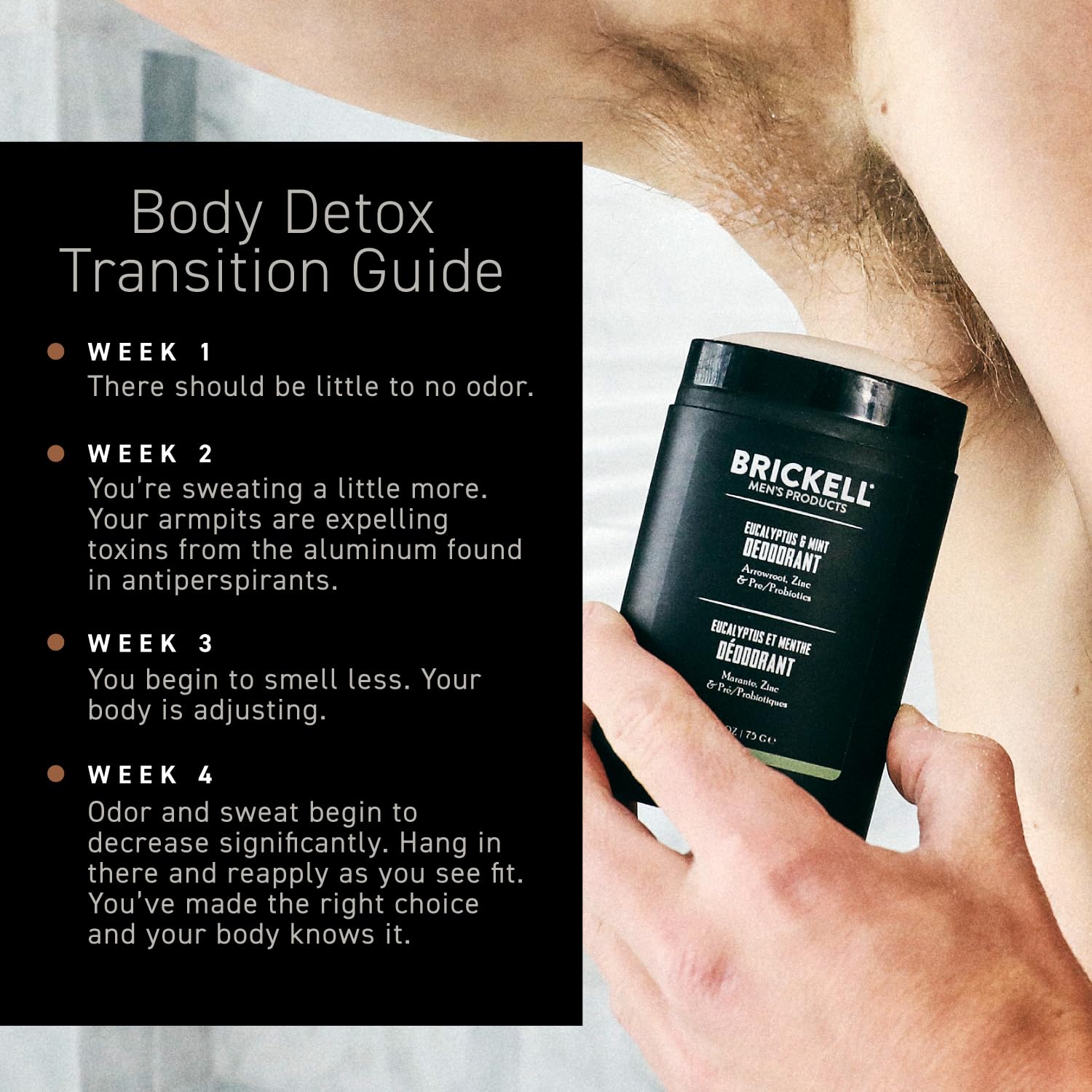Brickell Men's Products stick in hand for scale showing travel-friendly 2.65 ounce convenience