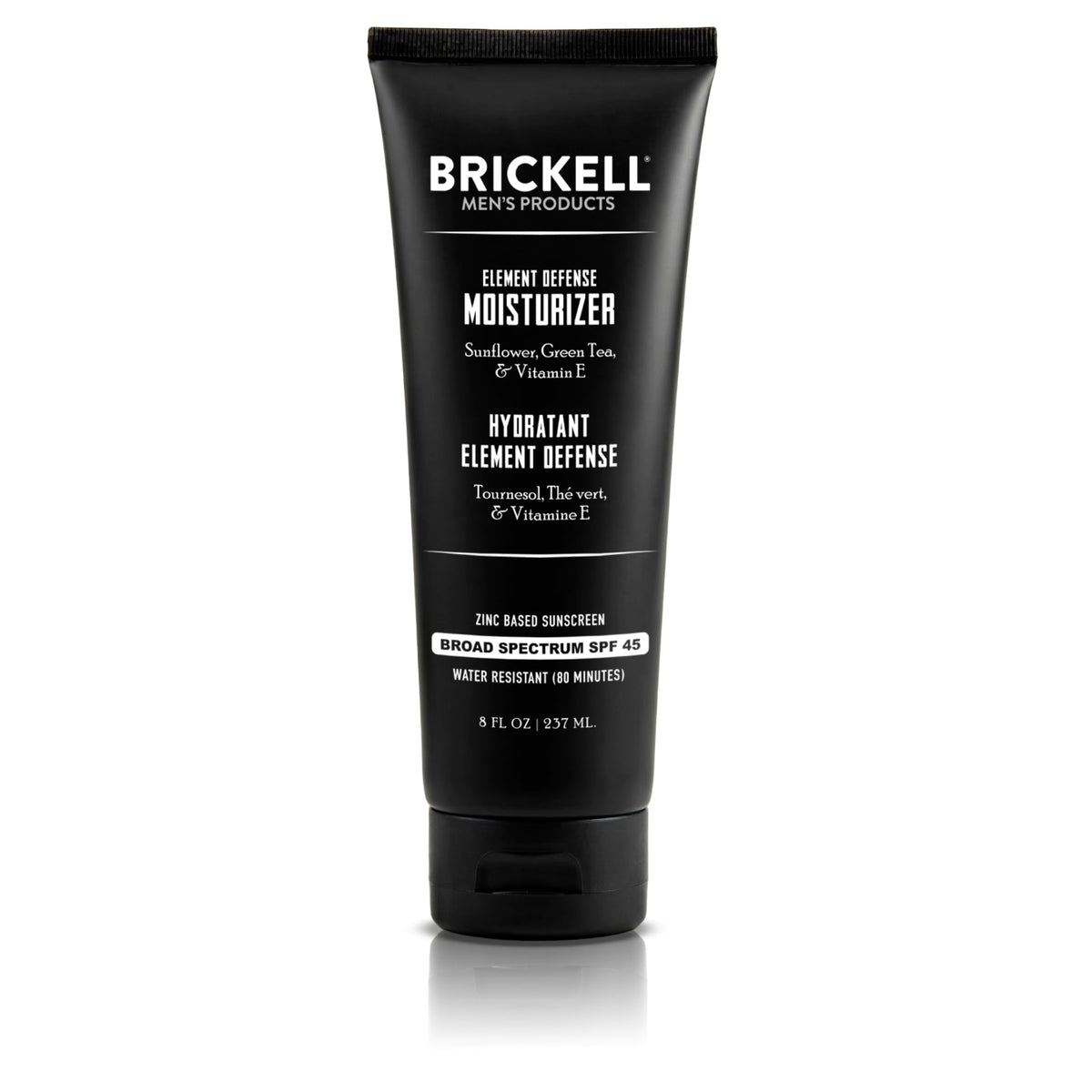 Brickell Men's Element Defense front tube showing unscented SPF45 protection benefits