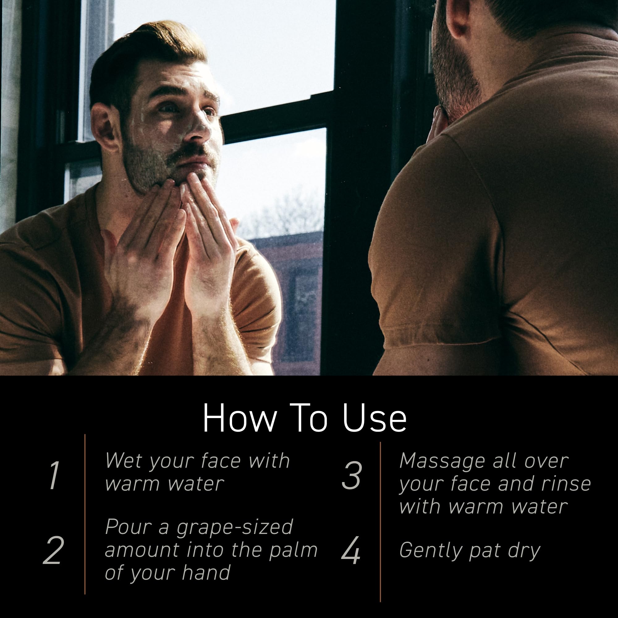 Brickell face wash in use at sink demonstrating rinse-off and refresh benefit