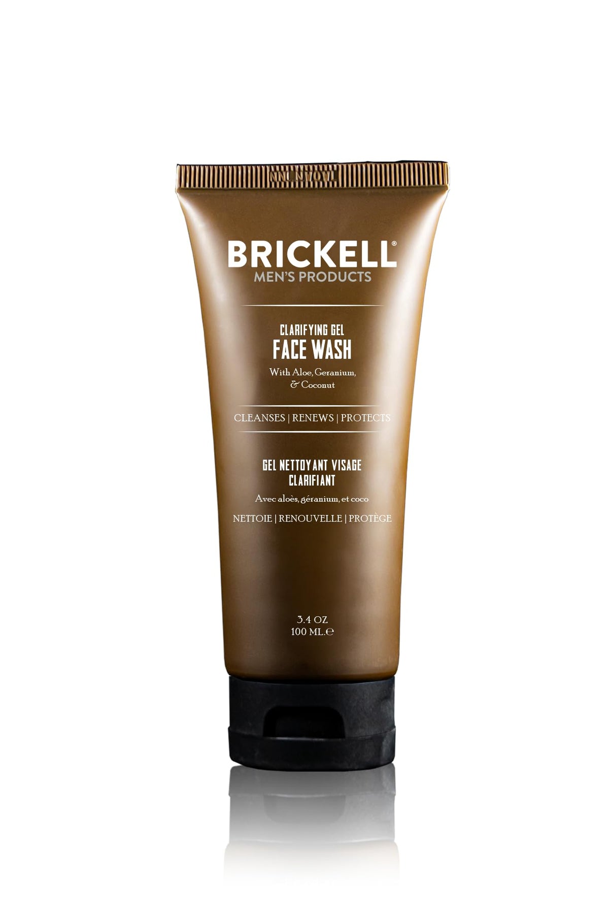 Brickell Men's Products front tube showing label and size, clear travel-friendly benefit