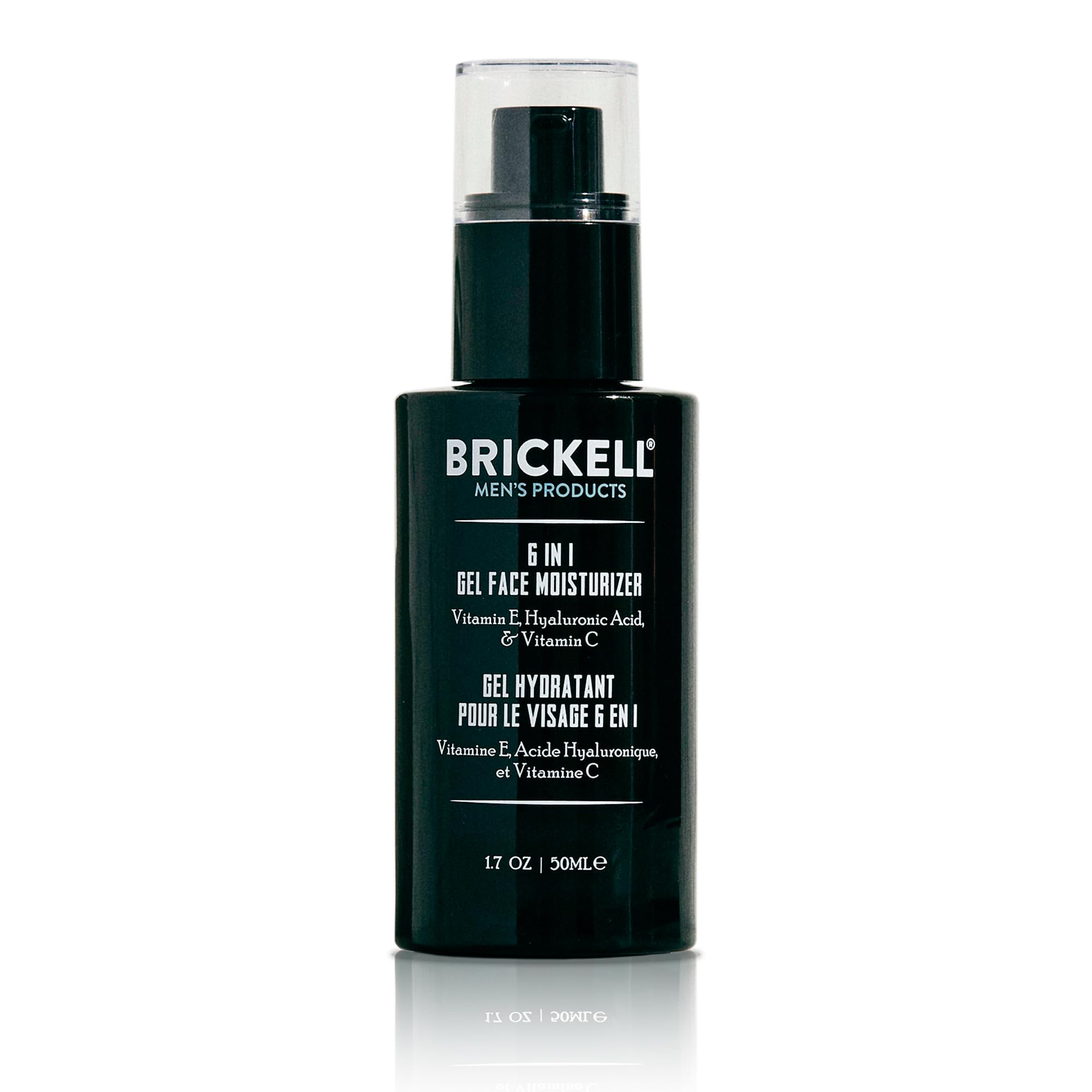 Brickell Men's Products gel moisturizer front tube showing sleek packaging and easy pump benefit