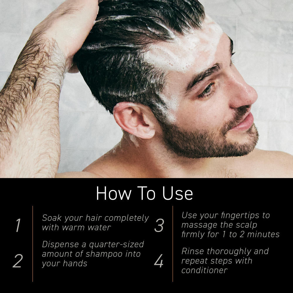 Brickell Men’s shampoo and conditioner in bathroom during morning routine for convenience