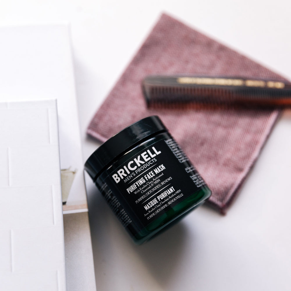 Brickell ingredient flatlay with charcoal and kaolin for detox