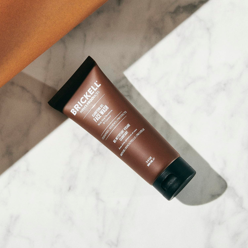 Brickell ingredient label showing geranium and aloe, emphasizes natural balancing benefits