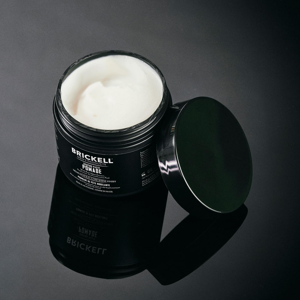 Brickell Men's jar on bathroom shelf styled in daily routine for effortless grooming