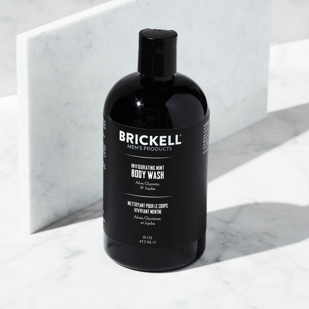 Brickell Men's Products pump and label close-up highlighting ingredients and easy dispensing