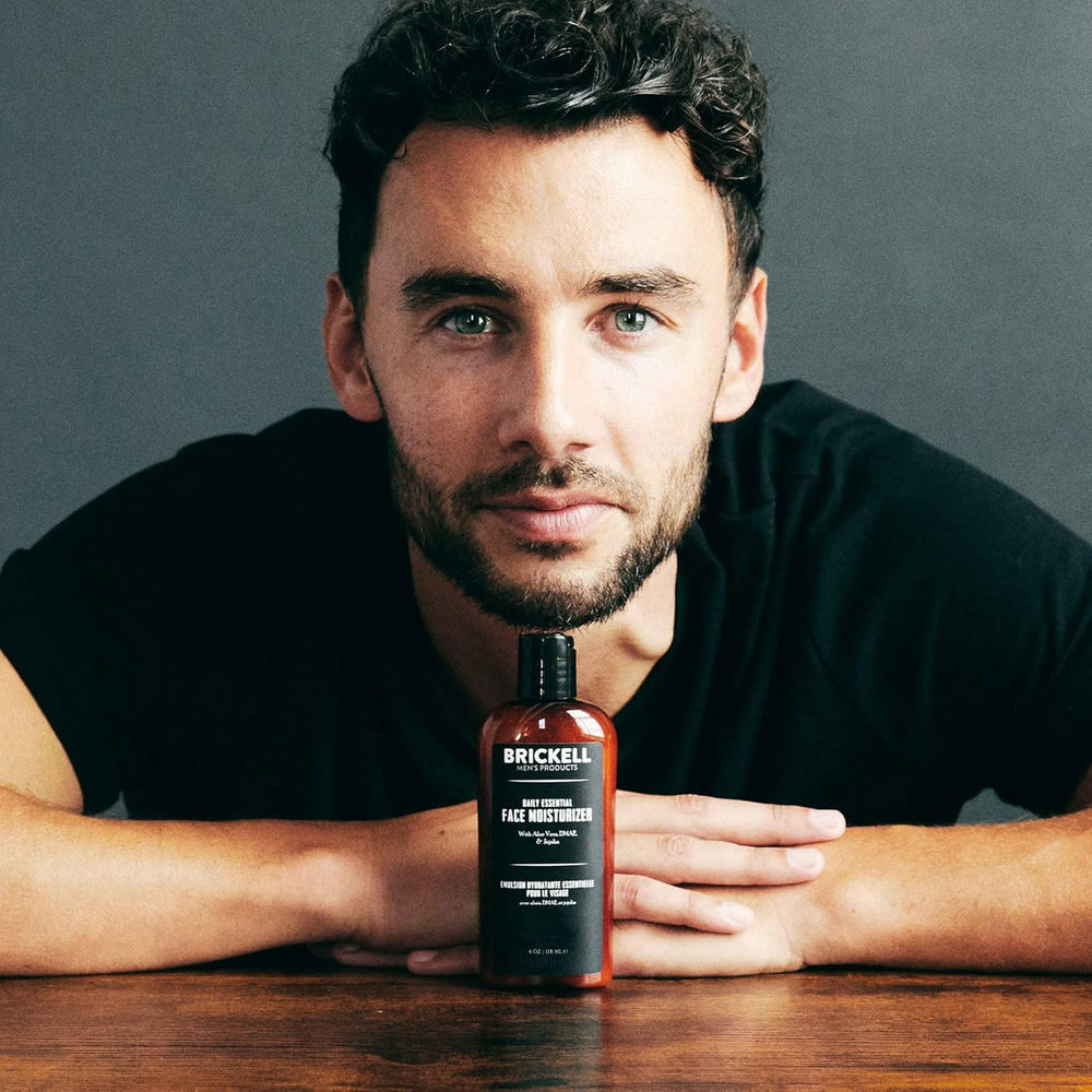Brickell Men's Products on bathroom shelf in routine setting showing daily use benefit
