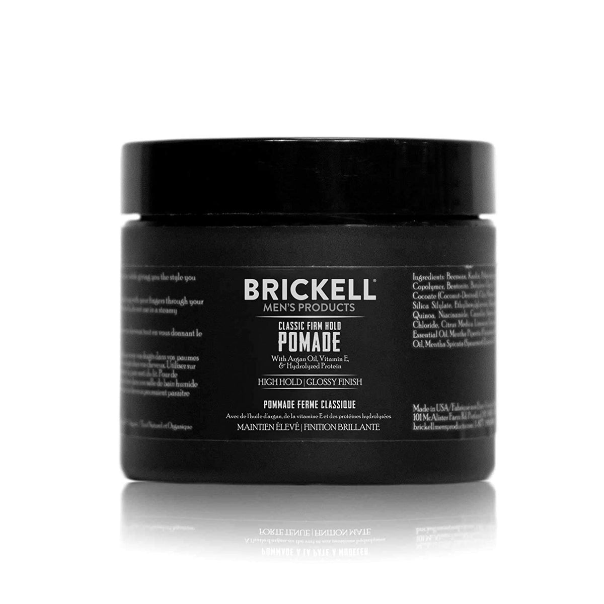 Brickell pomade front jar showing brand and strong-hold benefit