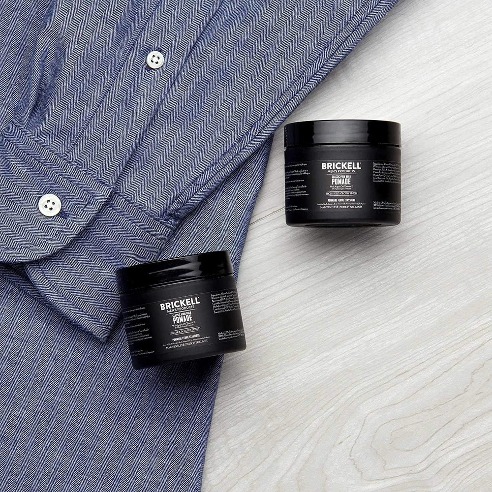 Brickell pomade texture close-up highlighting glossy finish benefit