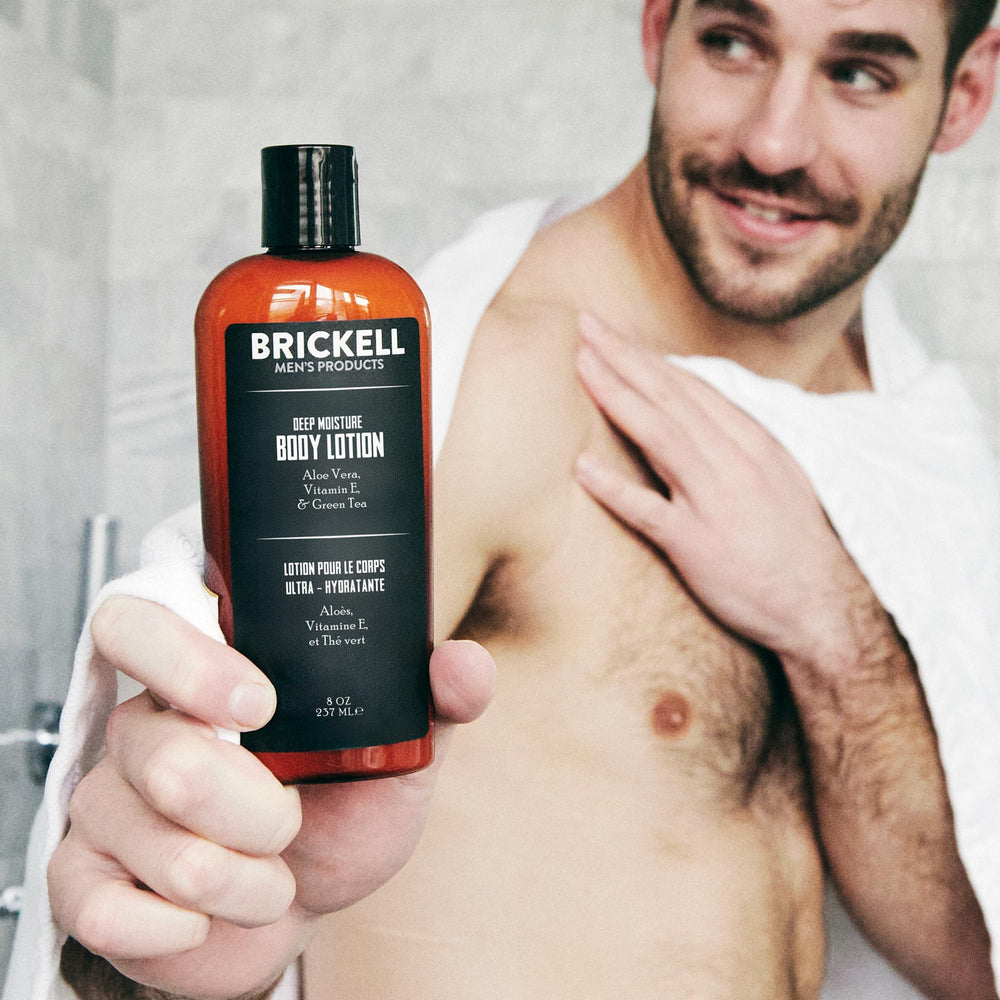 Brickell dispensing lotion on hand to show quick absorbency and non-greasy feel