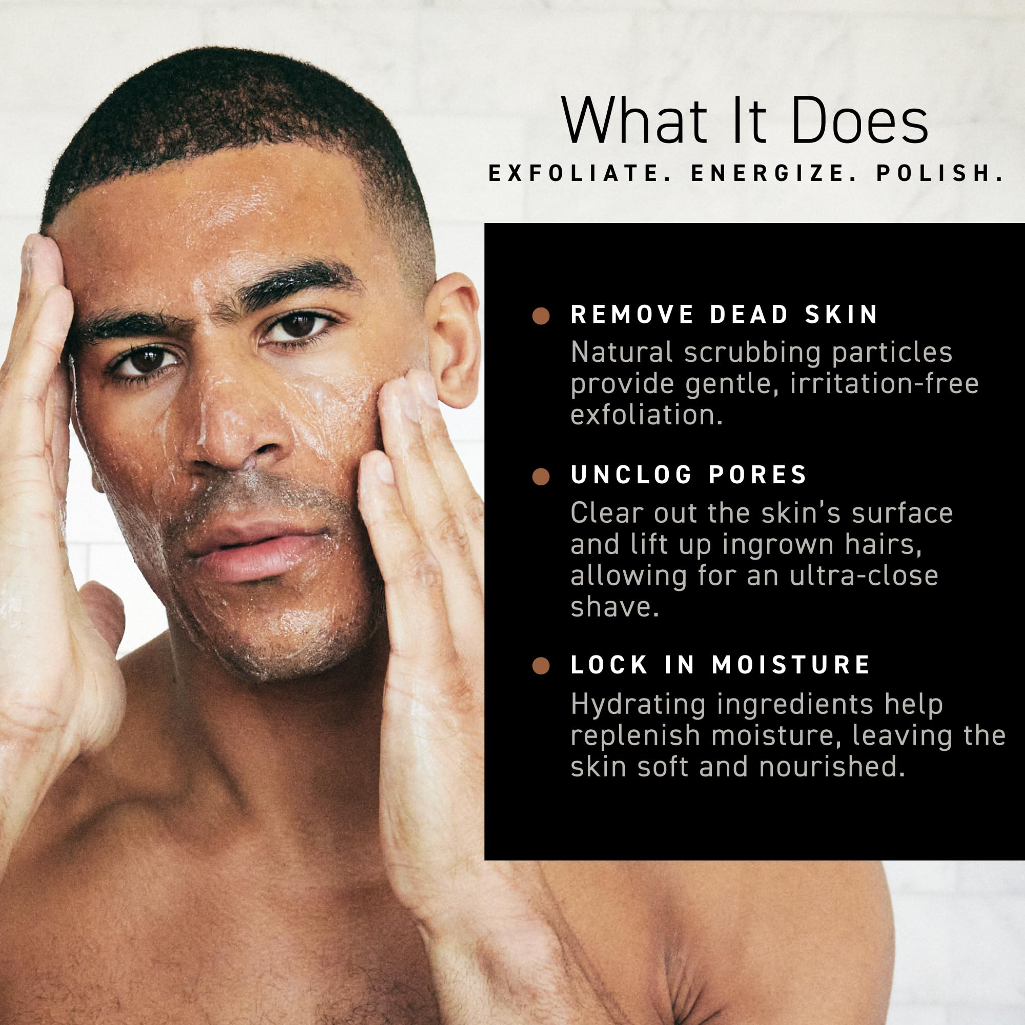 Brickell Men’s texture shot with jojoba beads showing gentle exfoliation action