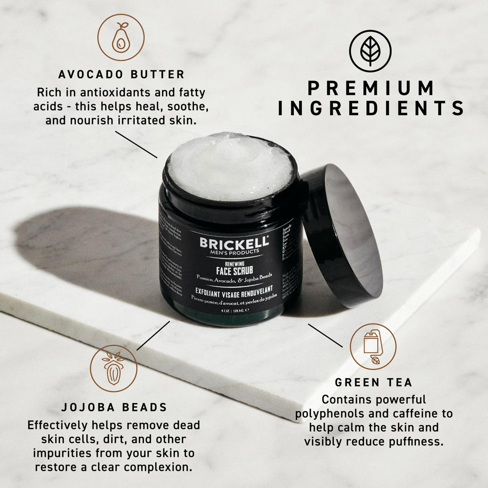 Brickell Men’s tube close-up label highlighting exfoliating formula and scent
