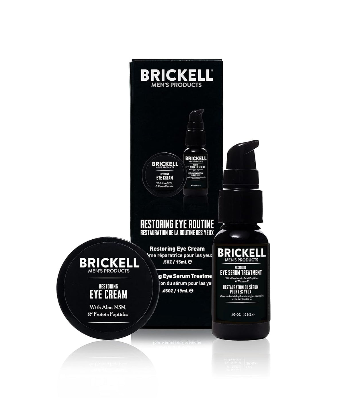 Brickell front packaging showing the eye routine kit and clear benefits