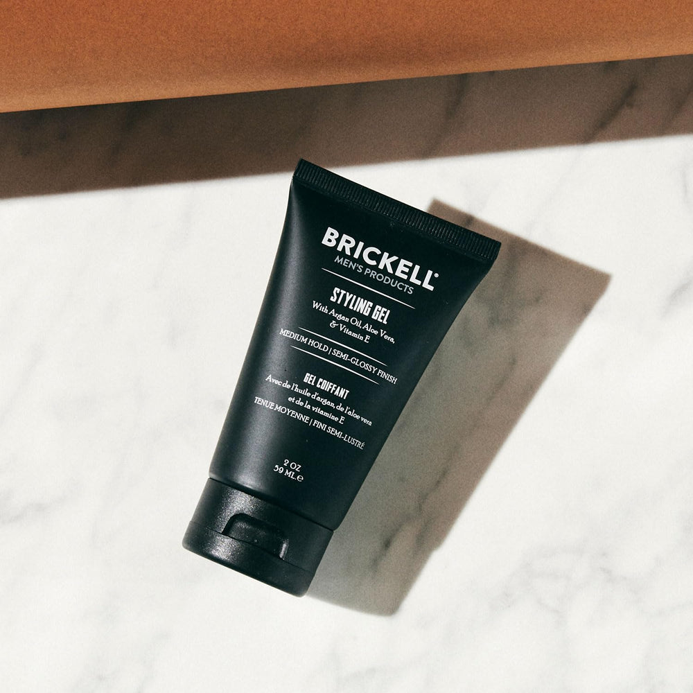 Brickell tube side label highlighting ingredients and easy application benefit