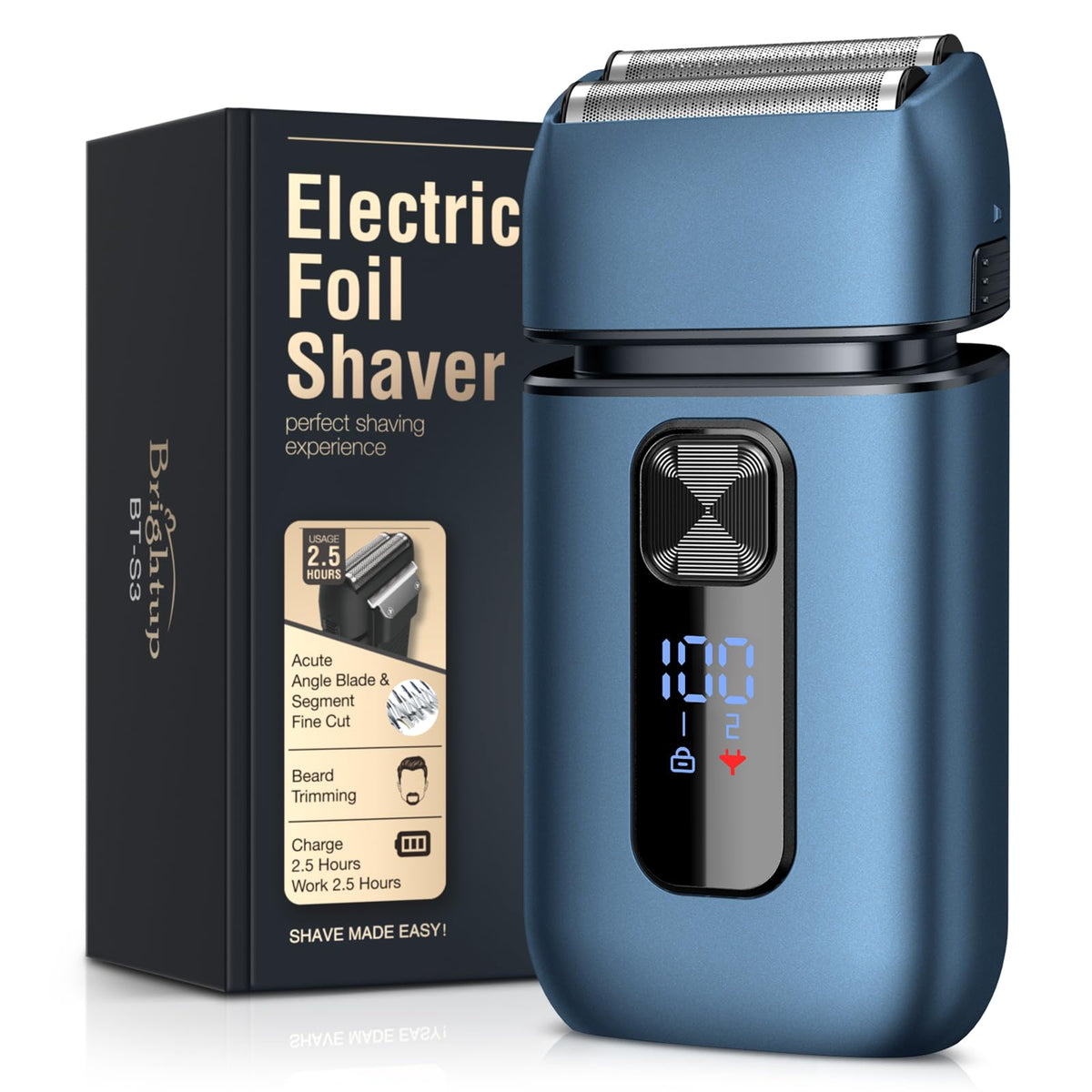 Brightup foil shaver front view showing compact design and close shave benefit