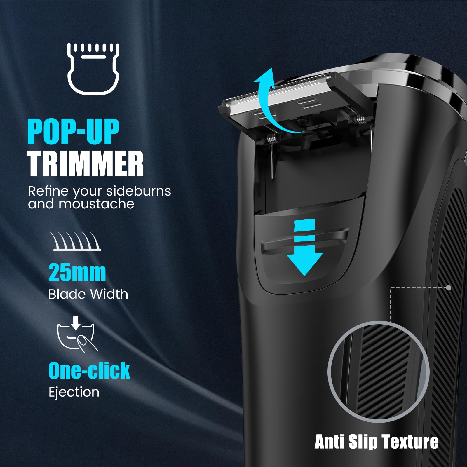 Brightup pop-up trimmer detail highlighting precision trimming for sideburns and moustache