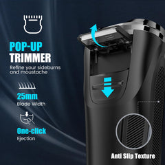 Brightup pop-up trimmer detail highlighting precision trimming for sideburns and moustache