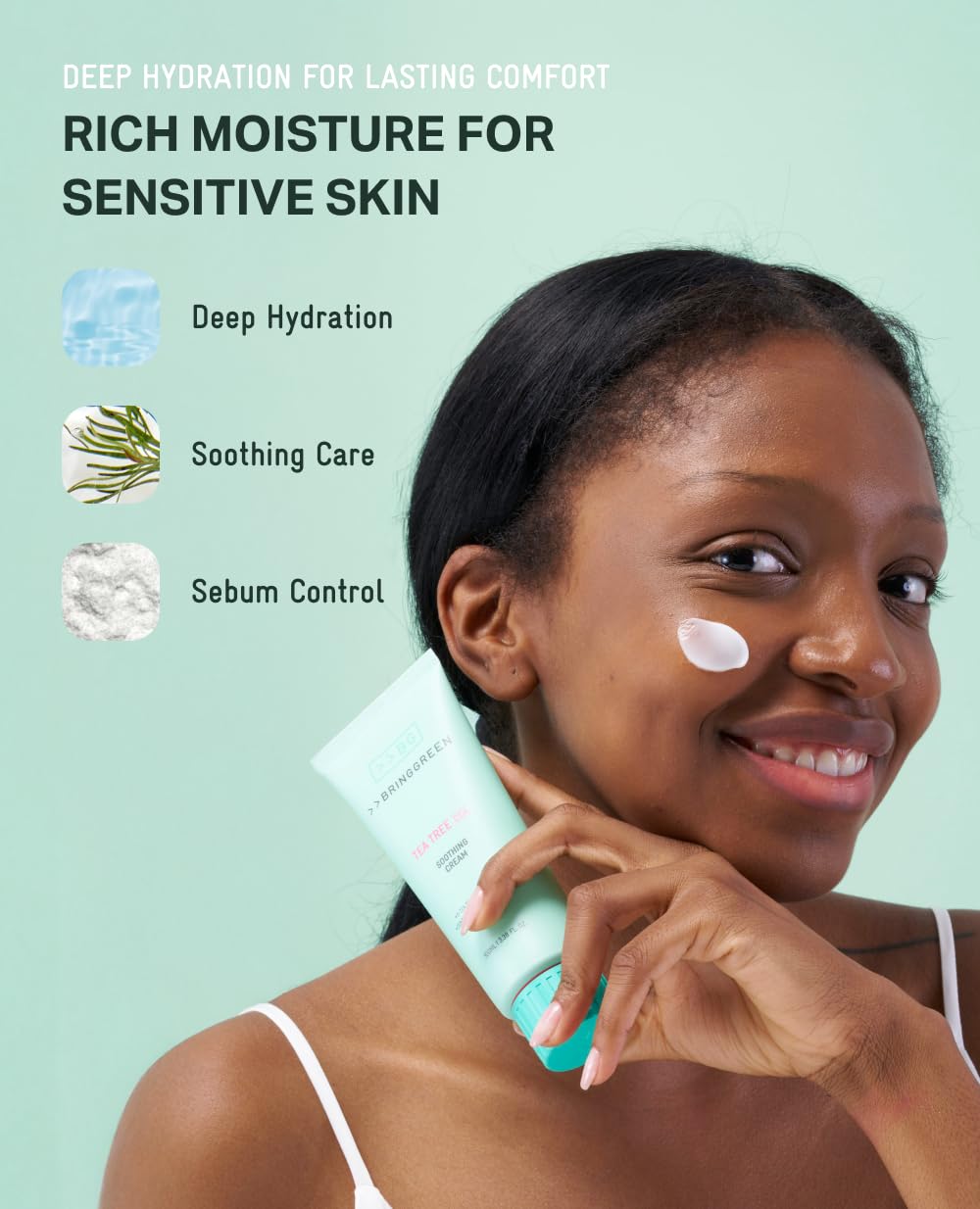 BRING GREEN applied after cleansing on cheek demonstrating reduced surface oil