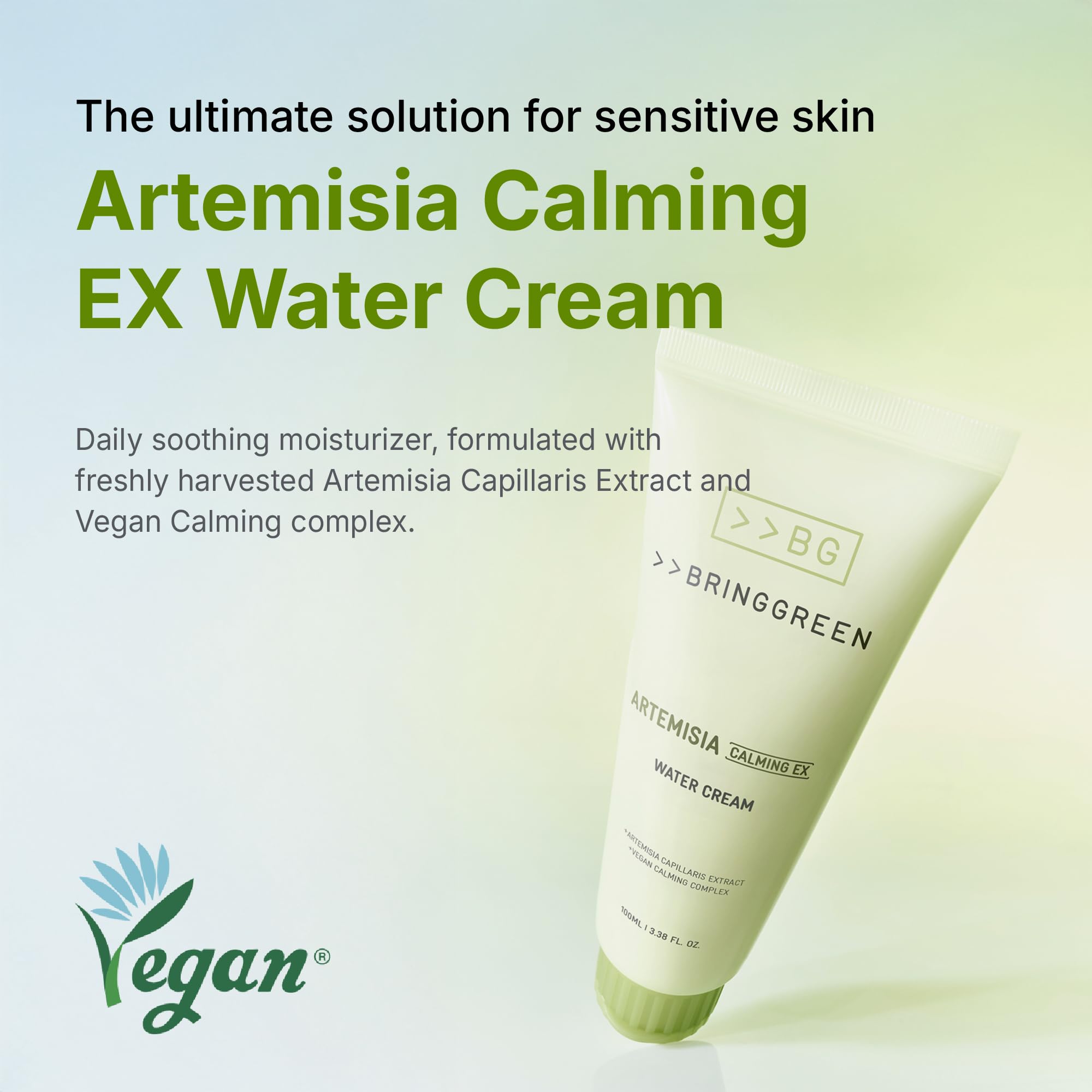 BRING GREEN open jar with cream visible, emphasizes soothing and easy application benefit