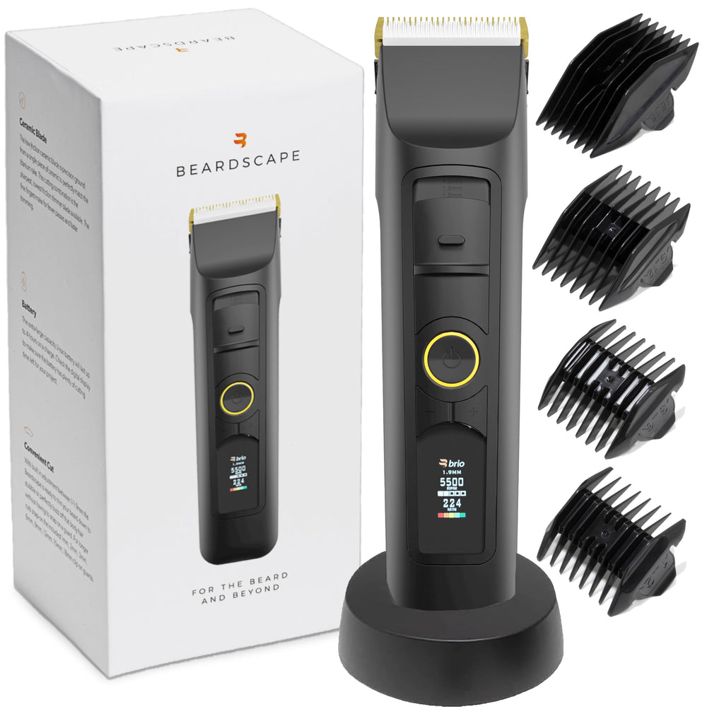 Brio Beardscape V2 front view showing sleek black body and ergonomic grip for comfortable use