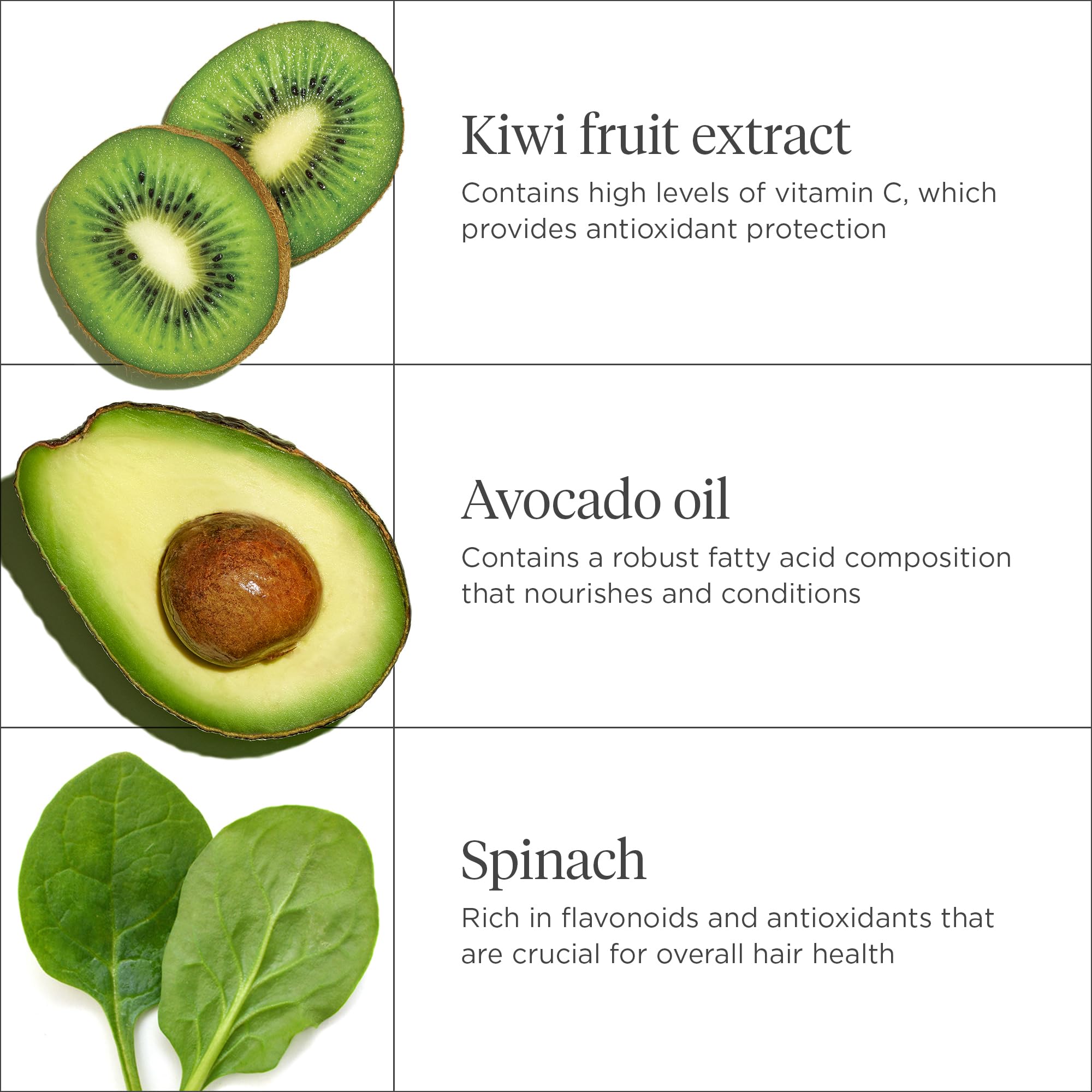 Fresh avocado and kiwi beside product highlighting Briogeo natural ingredients